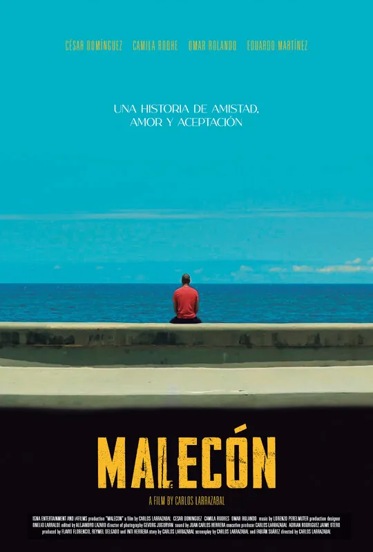 Póster de Malecón: un hombre con camiseta roja, sentado de espaldas en el malecón frente al mar.